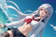 Anime girl with long white hair and a red bow on her head.