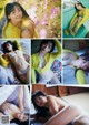 A collage of photos of a woman laying on a bed.