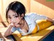 A woman laying on top of a wooden table.